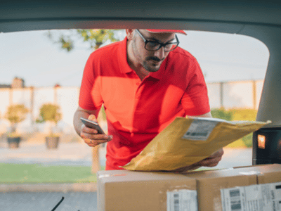 Delivery Person Scans Package in Back of Sedan_Total Retail